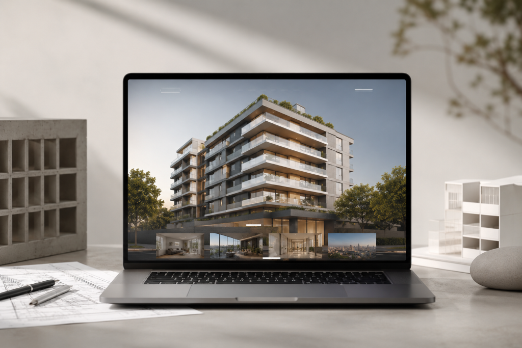Imagem de um site de Construtora e incorporadora em um computador sobre a mesa