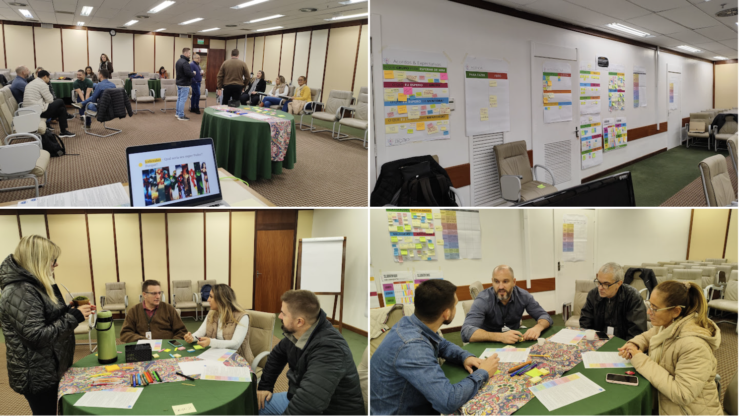 Imagem com fotos da sala durante as sessões, a riqueza das discussões e geração de insumos