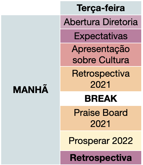 A estrutura da agenda com atividades das 9h à 13h