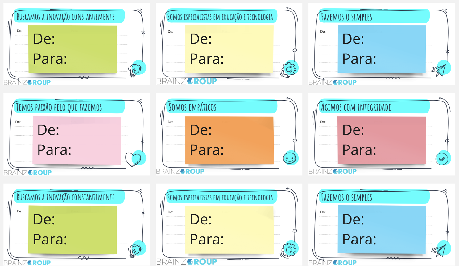 Cartões com os valores da organização para o reconhecimento