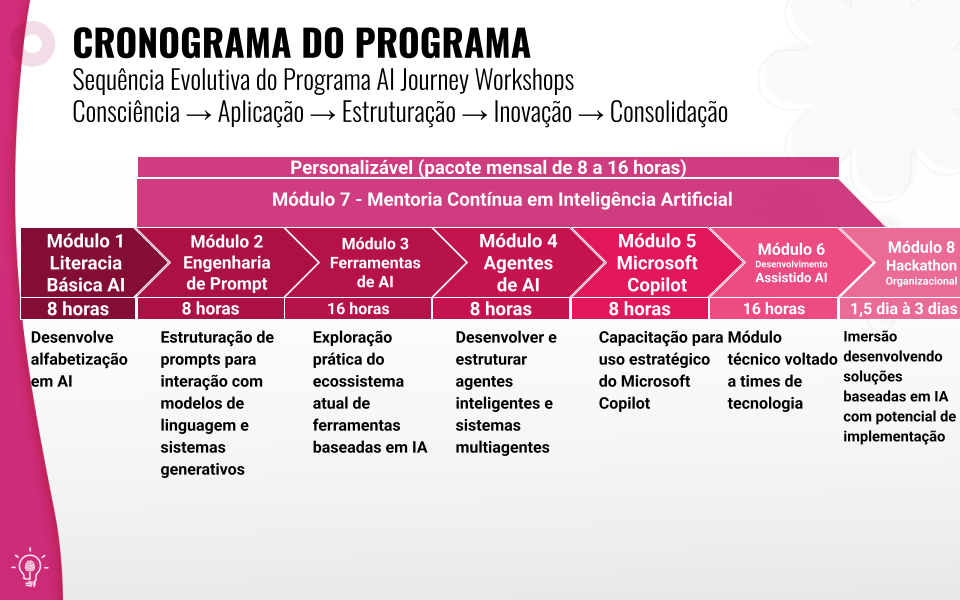 Cronograma do programa com foco em construir conhecimentos e os pilares necessários para iniciar uma jornada evolutiva de IA